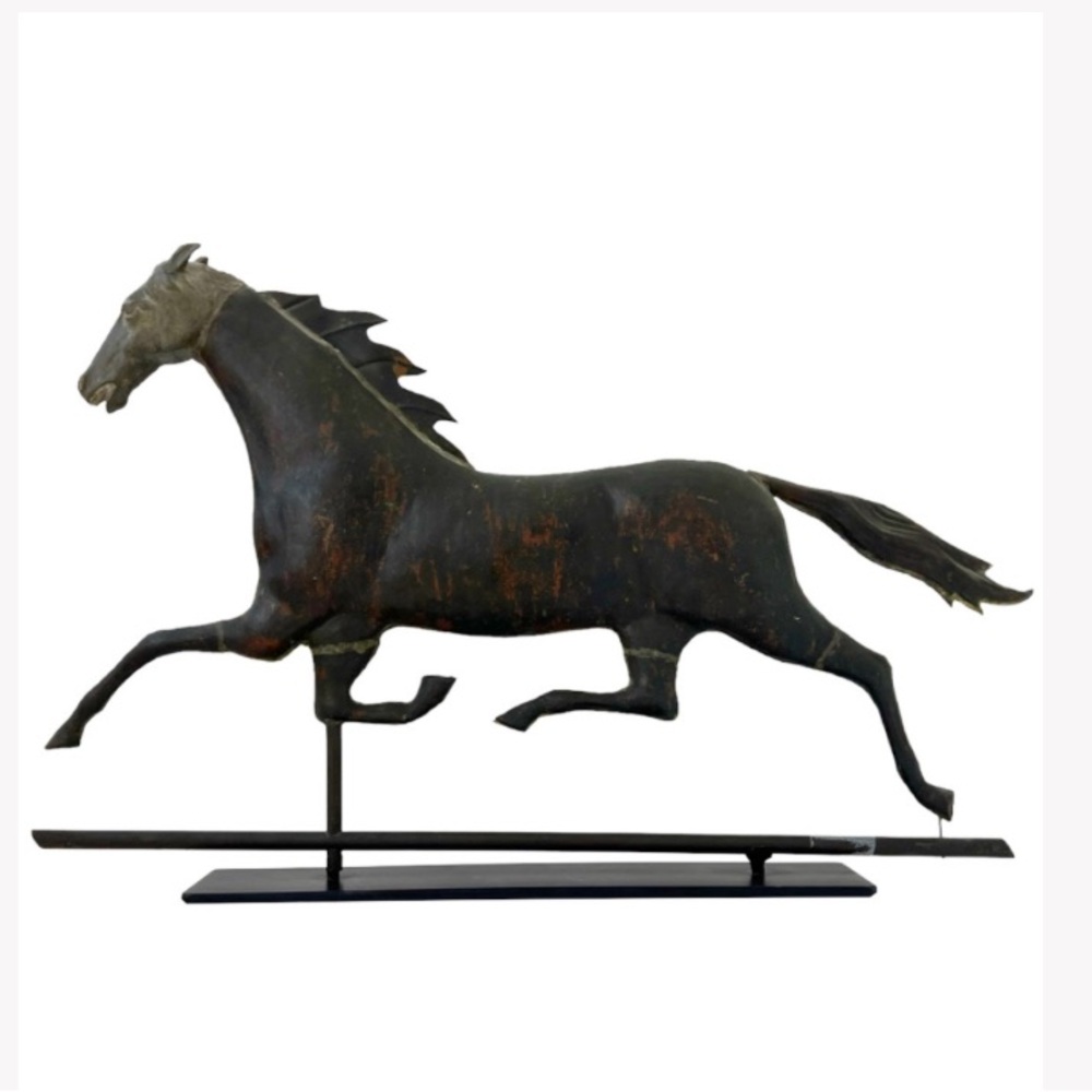 ANTIQUE Ethan Allen running horse HAND HAMMERED COPPER weathervane w/stand